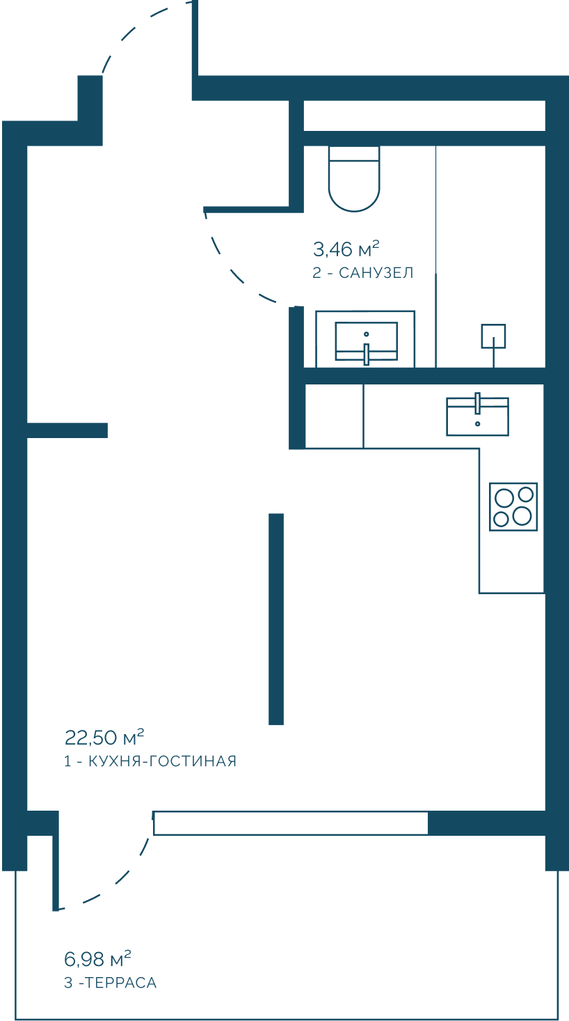 Планировка: Просторный номер · 32,94 м²